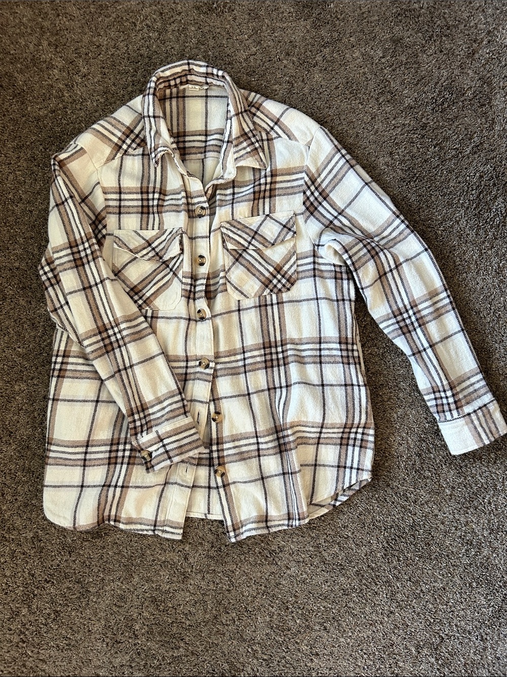 beachlunchlounge White and Brown Plaid Button-Down Shirt